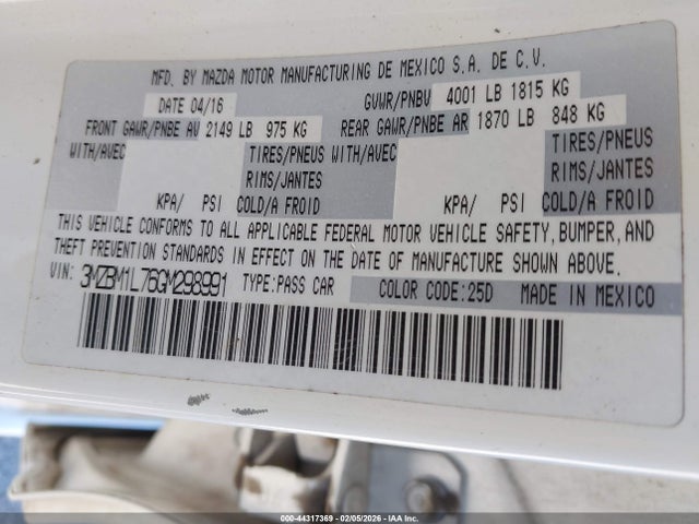 44317369 :رقم المزاد ، 3MZBM1L76GM298991 vin ، 2016 Mazda Mazda3 I Touring مزاد بيع