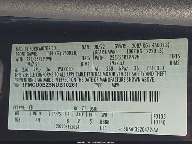 1FMCU0BZ5NUB10261 Ford Escape Se Hybrid