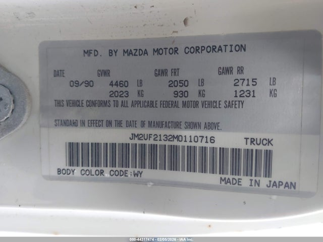 1991 Mazda B2200 Long Bed მანქანა იყიდება აუქციონზე, vin: JM2UF2132M0110716, აუქციონის ნომერი: 44317474