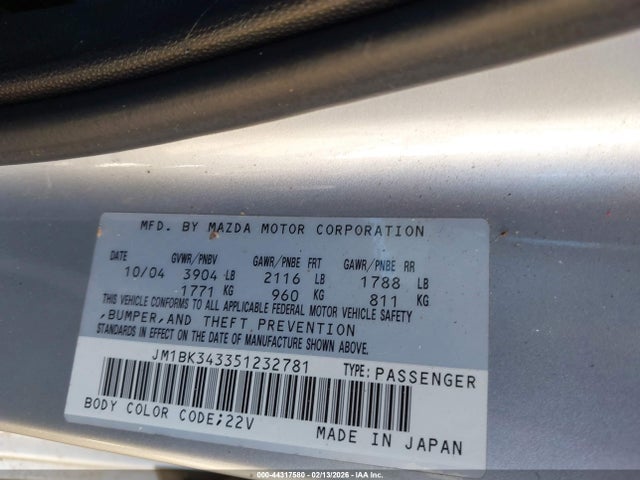 Продажа на аукционе авто 2005 Mazda Mazda3 S, vin: JM1BK343351232781, номер лота: 44317580