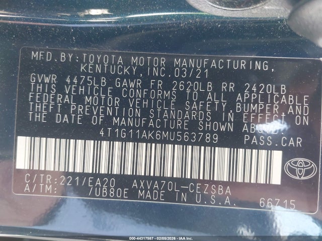 4T1G11AK6MU563789 Toyota CAMRY SE