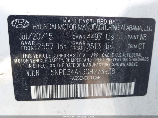 2016 Hyundai Sonata Sport მანქანა იყიდება აუქციონზე, vin: 5NPE34AF3GH273938, აუქციონის ნომერი: 44317614