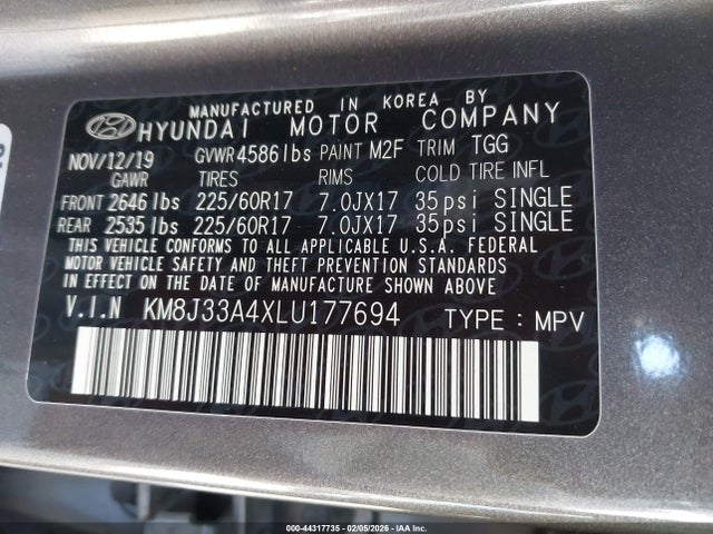 Продажа на аукционе авто 2020 Hyundai Tucson Value, vin: KM8J33A4XLU177694, номер лота: 44317735