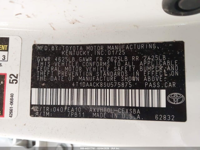 44317761 :رقم المزاد ، 4T1DAACK8SU575875 vin ، 2025 Toyota Camry Se مزاد بيع