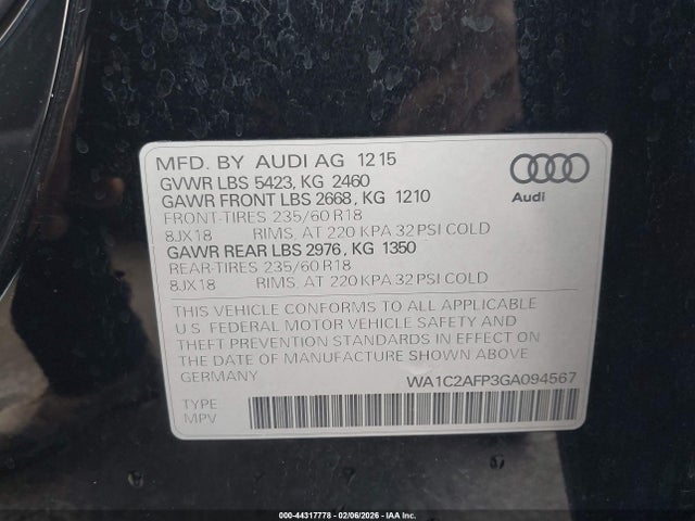 Продаж на аукціоні авто 2016 Audi Q5 2.0t Premium, vin: WA1C2AFP3GA094567, номер лоту: 44317778