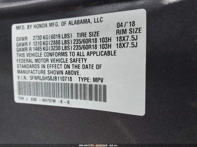 5FNRL6H58JB110718 Honda ODYSSEY EX