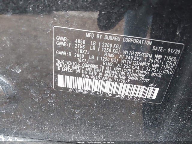 44317799 :رقم المزاد ، 4S4BTANC0L3172875 vin ، 2020 Subaru Outback Limited مزاد بيع