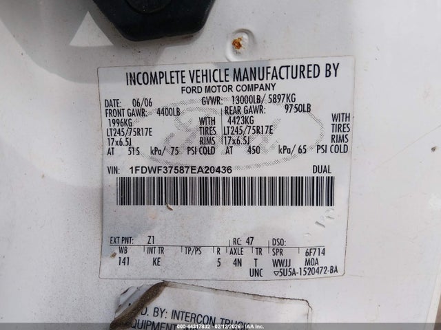 44317832 :رقم المزاد ، 1FDWF37587EA20436 vin ، 2007 Ford F-350 Chassis Xl/xlt مزاد بيع