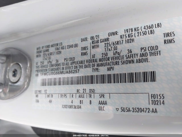 Auction sale of the 2021 Ford Escape Se, vin: 1FMCU0G66MUA86257, lot number: 44317835