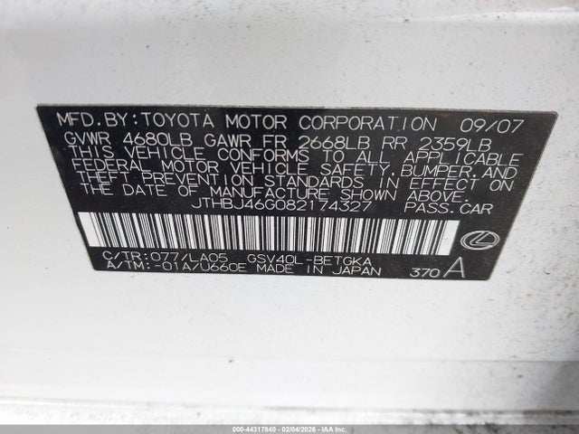 Продажа на аукционе авто 2008 Lexus Es 350, vin: JTHBJ46G082174327, номер лота: 44317840