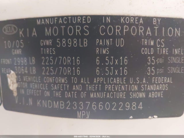 Продаж на аукціоні авто 2006 Kia Sedona Ex/lx, vin: KNDMB233766022984, номер лоту: 44317848