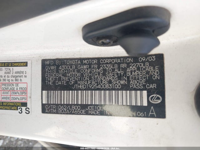 Aukcja sprzedaży 2004 Lexus Is 300, vin: JTHBD192540083100, numer aukcji: 44317882