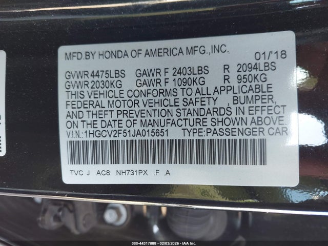 1HGCV2F51JA015651 Honda Accord Ex-l 2.0t