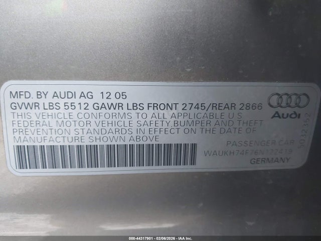 2006 AUDI A6 WAUKH74F76N122419 Photo 8