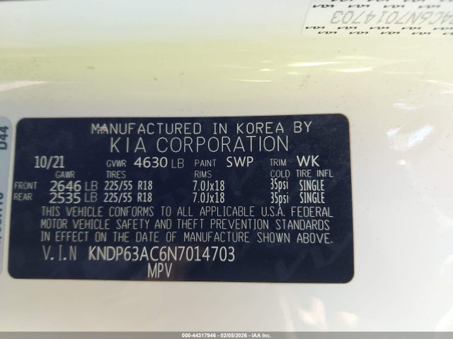 44317946 :رقم المزاد ، KNDP63AC6N7014703 vin ، 2022 Kia Sportage Nightfall Edition مزاد بيع