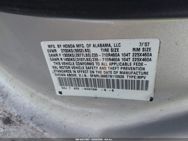 44317957 :رقم المزاد ، 5FNRL38867B110928 vin ، 2007 Honda Odyssey Touring مزاد بيع