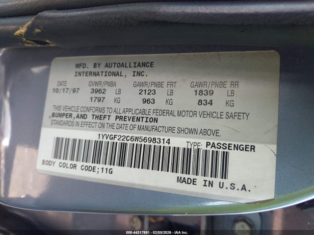 Aukcja sprzedaży 1998 Mazda 626 Dx/lx, vin: 1YVGF22C6W5698314, numer aukcji: 44317991