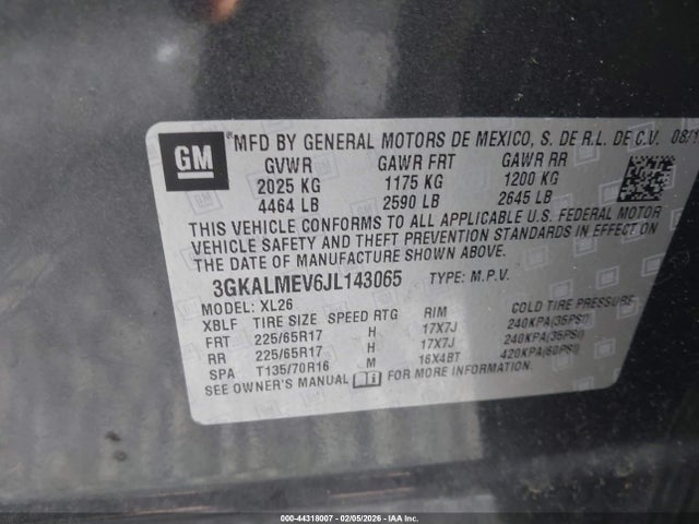 44318007 :رقم المزاد ، 3GKALMEV6JL143065 vin ، 2018 Gmc Terrain Sle مزاد بيع