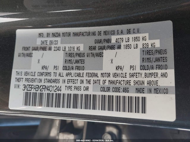 Продаж на аукціоні авто 2024 Mazda Mazda3 2.5 S Select Sport, vin: 3MZBPABM2RM401244, номер лоту: 44318062