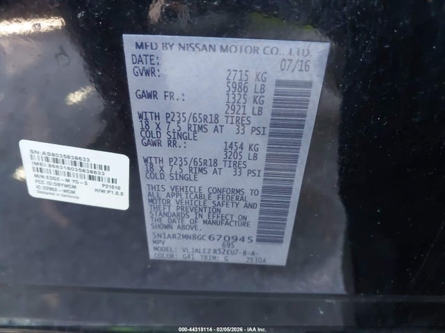 5N1AR2MN8GC670945 Nissan Pathfinder Sv