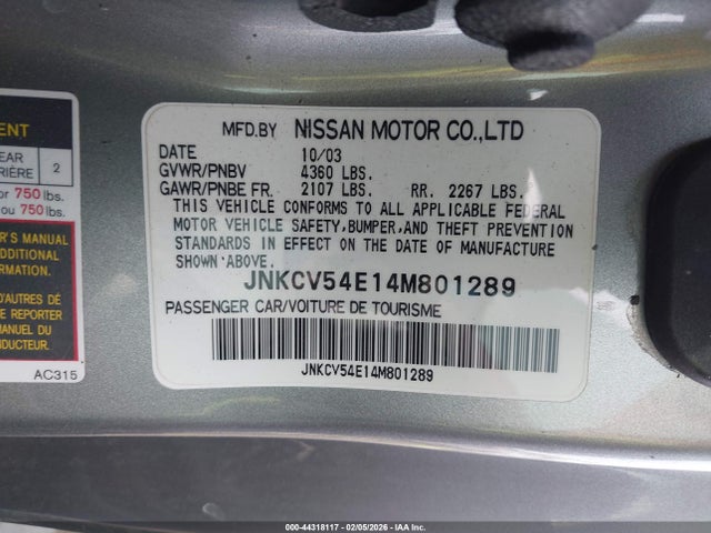 44318117 :رقم المزاد ، JNKCV54E14M801289 vin ، 2004 Infiniti G35 مزاد بيع