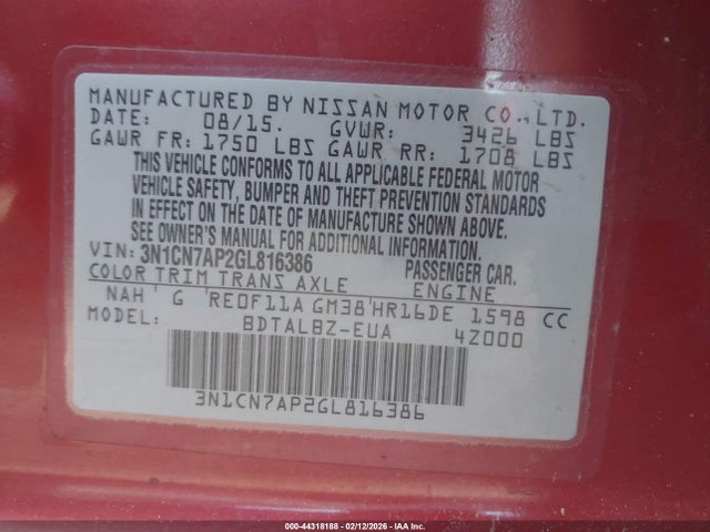 3N1CN7AP2GL816386 Nissan Versa 1.6 Sv