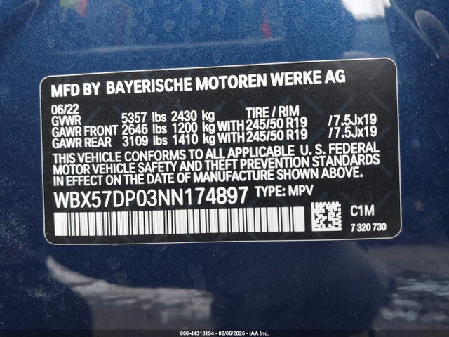 2022 Bmw X3 Xdrive30i მანქანა იყიდება აუქციონზე, vin: WBX57DP03NN174897, აუქციონის ნომერი: 44318194