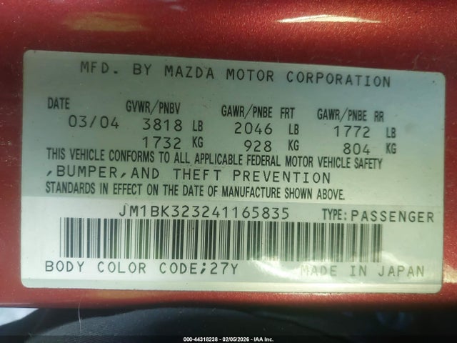 Aukcja sprzedaży 2004 Mazda Mazda3 S, vin: JM1BK323241165835, numer aukcji: 44318238