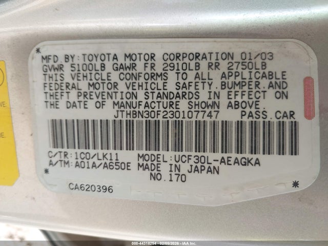 Aukcja sprzedaży 2003 Lexus Ls 430, vin: JTHBN30F230107747, numer aukcji: 44318254