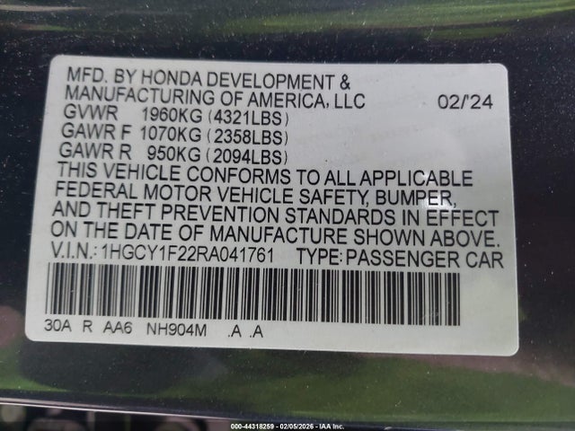 2024 Honda Accord Lx მანქანა იყიდება აუქციონზე, vin: 1HGCY1F22RA041761, აუქციონის ნომერი: 44318259