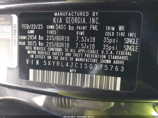 Aukcja sprzedaży 2025 Kia Sorento S, vin: 5XYRL4JC1SG375763, numer aukcji: 44318275
