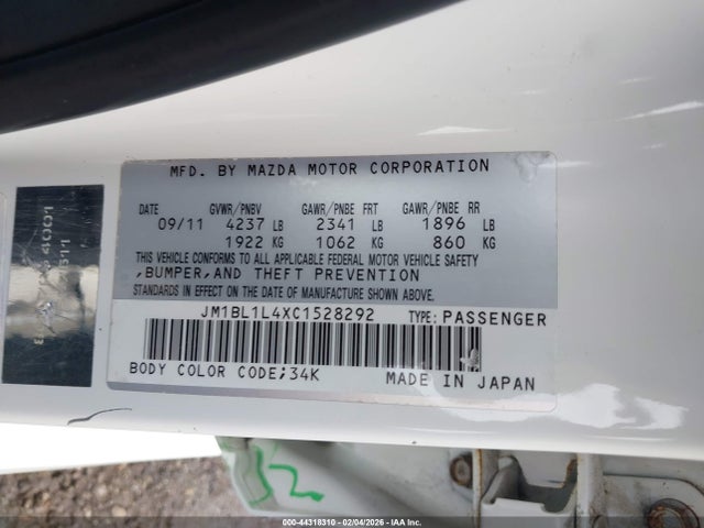44318310 :رقم المزاد ، JM1BL1L4XC1528292 vin ، 2012 Mazda Mazdaspeed3 Touring مزاد بيع