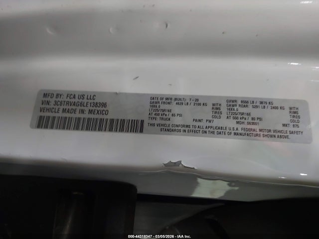 44318347 :رقم المزاد ، 3C6TRVAG6LE138396 vin ، 2020 Ram Promaster 1500 Low Roof 136 Wb مزاد بيع