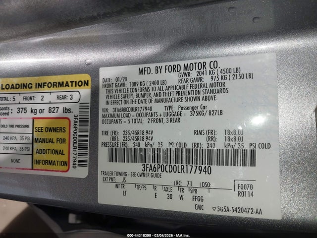 Продаж на аукціоні авто 2020 Ford Fusion Sel, vin: 3FA6P0CD0LR177940, номер лоту: 44318398
