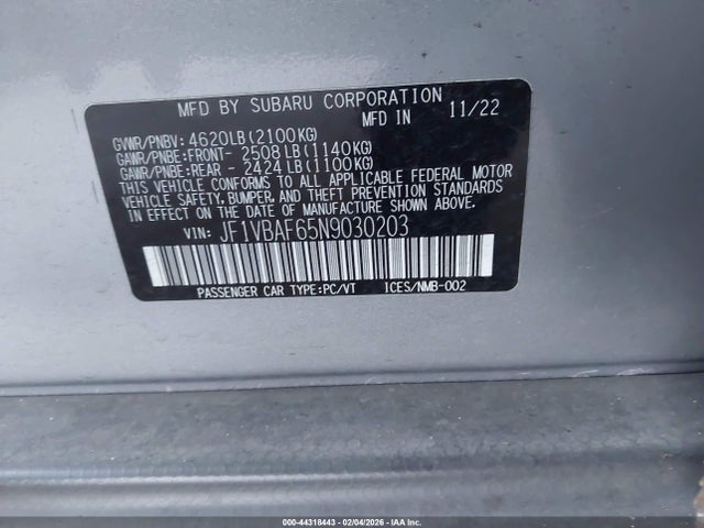 Subaru Wrx Premium 2022 JF1VBAF65N9030203 Image 9