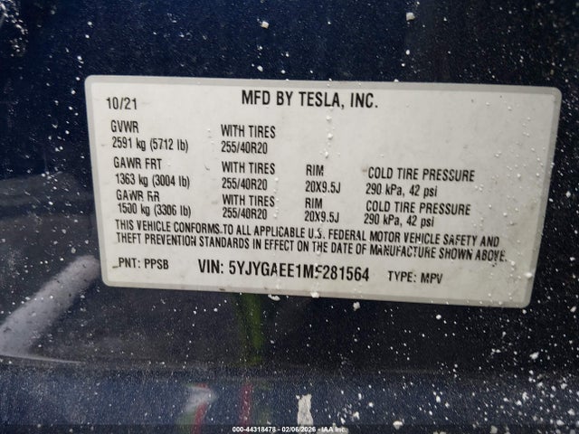 44318478 :رقم المزاد ، 5YJYGAEE1MF281564 vin ، 2021 Tesla Model Y Long Range Dual Motor All-wheel Drive مزاد بيع