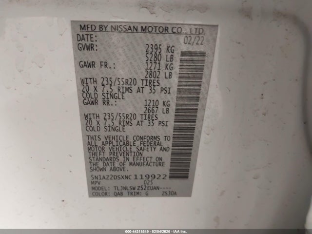 5N1AZ2DSXNC119922 Nissan Murano Platinum Intelligent Awd