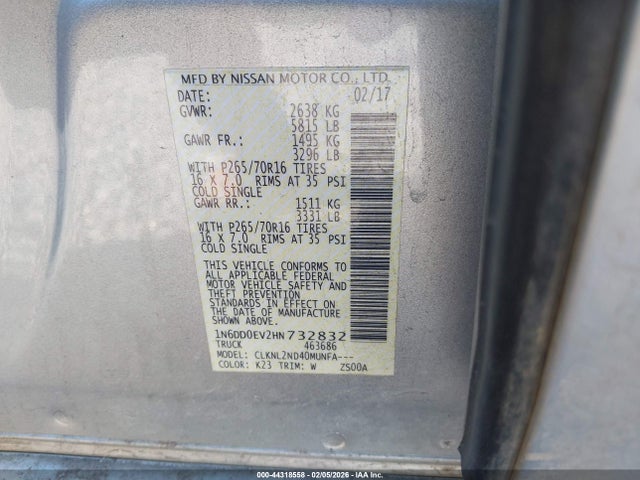 1N6DD0EV2HN732832 Nissan Frontier Sv