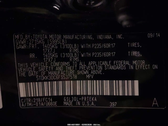 5TDKK3DC6FS537518 Toyota Sienna Le 8 Passenger