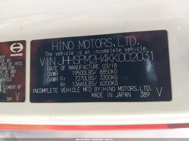 Aukcja sprzedaży 2019 Hino Xjc740/xfc740, vin: JHHSPM2H4KK002031, numer aukcji: 44318615