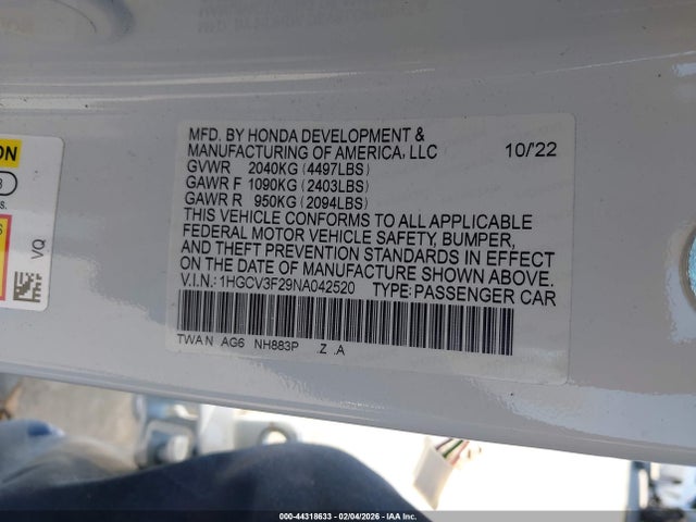 1HGCV3F29NA042520 Honda Accord Hybrid Sport