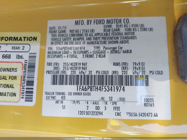 44318680 :رقم المزاد ، 1FA6P8TH4F5341974 vin ، 2015 Ford Mustang Ecoboost مزاد بيع