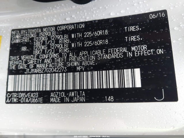 Aukcja sprzedaży 2016 Lexus Nx 200t, vin: JTJYARBZ7G2042273, numer aukcji: 44318690