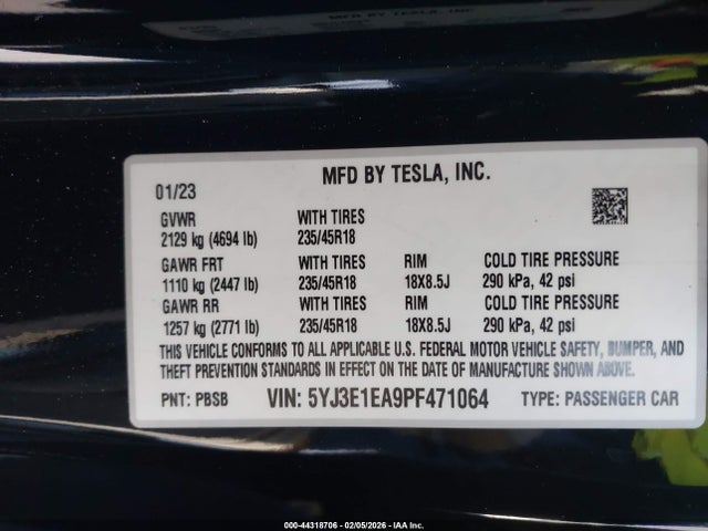 Продажа на аукционе авто 2023 Tesla Model 3 Rear-wheel Drive, vin: 5YJ3E1EA9PF471064, номер лота: 44318706