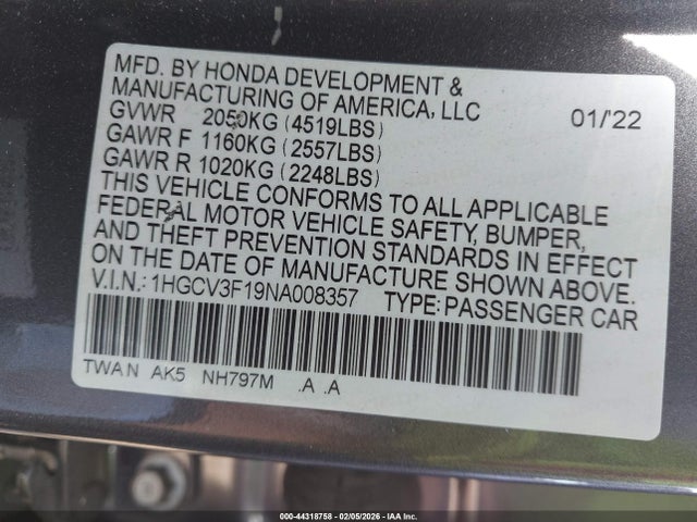 1HGCV3F19NA008357 Honda ACCORD HYBRID