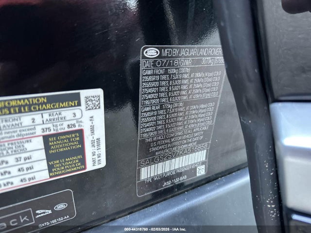 44318760 :رقم المزاد ، SALGS2SV7KA516858 vin ، 2019 Land Rover Range Rover 3.0l V6 Supercharged Hse مزاد بيع