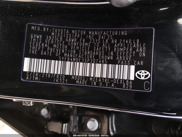 Aukcja sprzedaży 2025 Toyota Corolla Le, vin: 5YFB4MDE1SP307485, numer aukcji: 44318759
