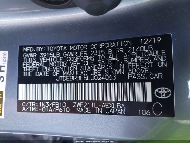 Toyota Corolla Hybrid Le 2020 JTDEBRBE5LJ024063 Image 9
