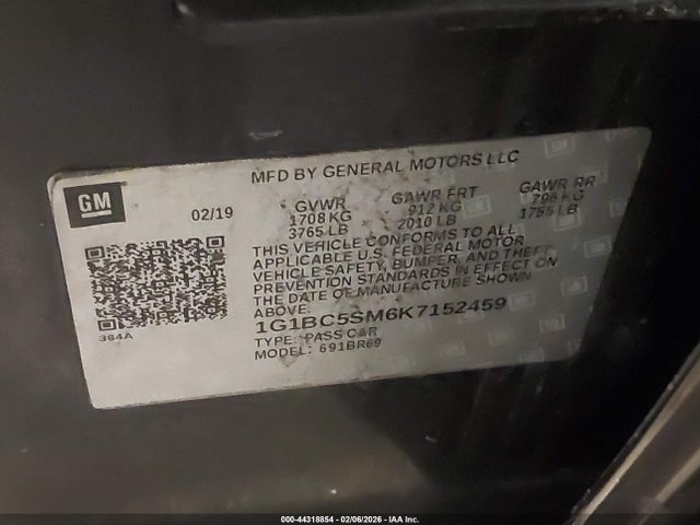44318854 :رقم المزاد ، 1G1BC5SM6K7152459 vin ، 2019 Chevrolet Cruze Ls مزاد بيع