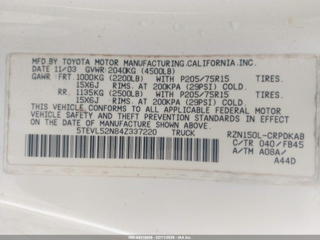 Aukcja sprzedaży 2004 Toyota Tacoma, vin: 5TEVL52N84Z337220, numer aukcji: 44318859